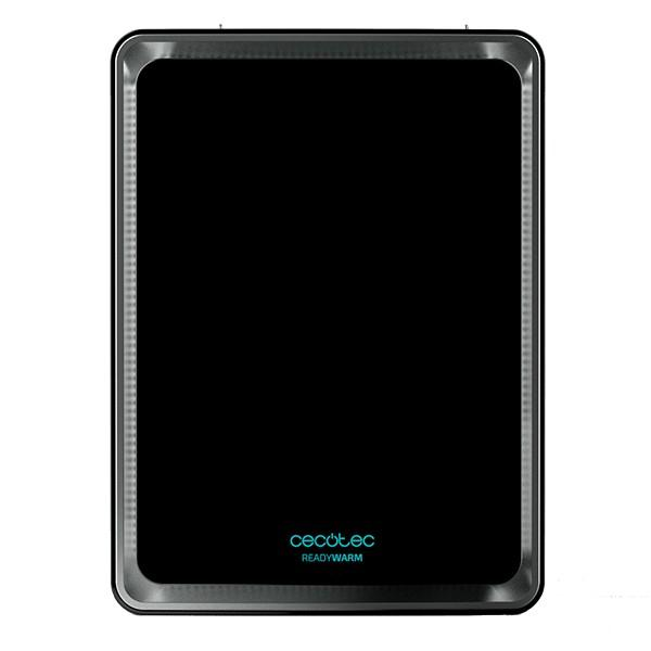 Czarny panel szklany ze srebrną ramą, z nazwą marki 'Cecotec'.