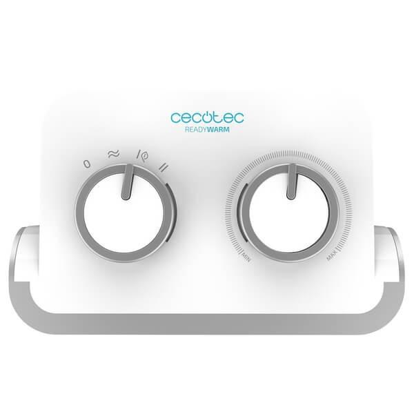 Białe urządzenie z dwoma pokrętłami. Ma srebrną podstawę.