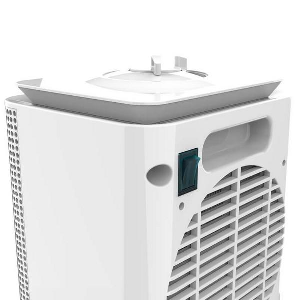 Purificatore d'aria bianco con interruttore blu. Design pulito con pannello laterale ventilato.