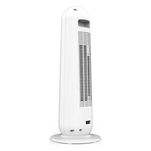 Un ventilador de torre blanco con base redondeada y panel de control en la parte inferior.