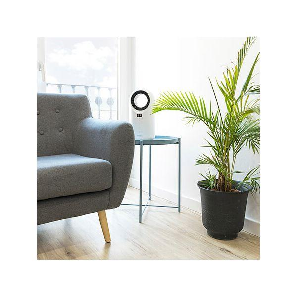 Pokój z szarą sofą, stolikiem z oczyszczaczem powietrza i rośliną doniczkową.