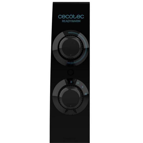 Czarny sprzęt z dwoma pokrętłami i niebieskim napisem 'Readywarm'.