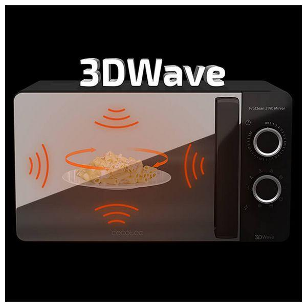 Kuchenka mikrofalowa z tekstem fali 3D i talerzem jedzenia. Czarne tło.