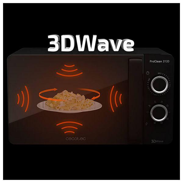 Microonde con tecnologia ad onde 3D. Piatto di pasta all'interno. Esterno nero.