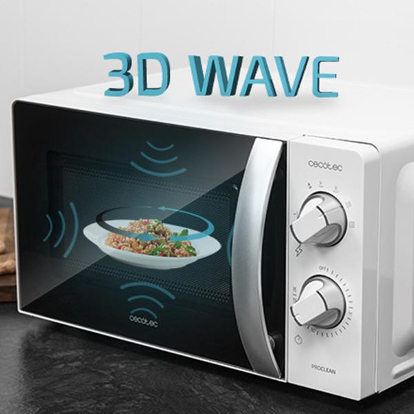 Microonde bianco con la scritta 3D WAVE, che mostra cibo all'interno. Due manopole a destra.