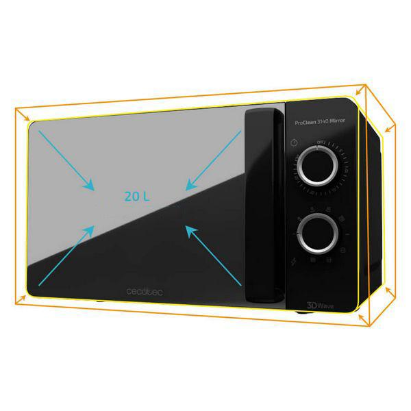 Czarna i szara kuchenka mikrofalowa z niebieskimi strzałkami wskazującymi przestrzeń wewnętrzną i pojemność 20L.