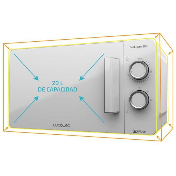 Biała kuchenka mikrofalowa z niebieskimi strzałkami i tekstem wskazującym pojemność 20L.