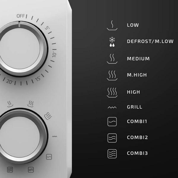 Zbliżenie panelu sterowania kuchenki mikrofalowej. Zawiera przyciski i symbole dla różnych ustawień.