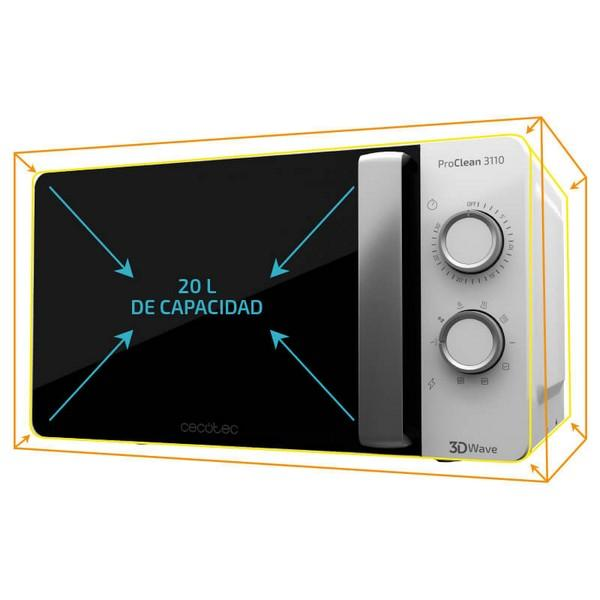 Kuchenka mikrofalowa z czarnym przodem i białymi bokami. Posiada wyświetlacz cyfrowy i dwa pokrętła sterujące.