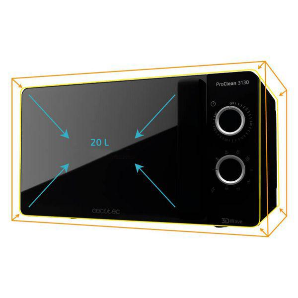 Forno a microonde nero con capacità di 20L, manopole di controllo e frecce che indicano le funzioni.