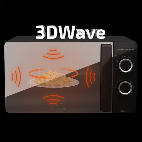 Mikrofalówka pokazująca wnętrze z jedzeniem. Mikrofala ma na górze napis 3D Wave.