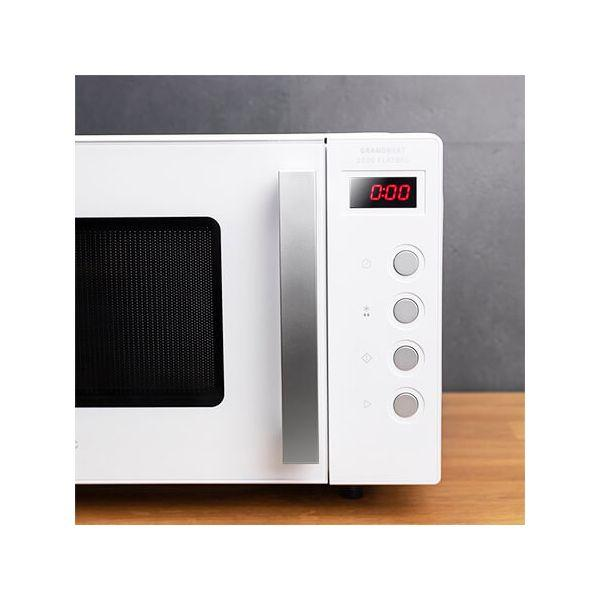 Witte magnetron met een digitaal display met 0:00. Hij heeft knoppen en een zilveren handvat.