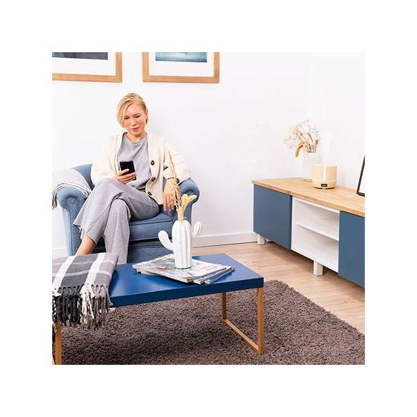 Kobieta siedząca na niebieskim krześle korzysta z telefonu. Na scenie stolik kawowy z dekoracją i dywan.