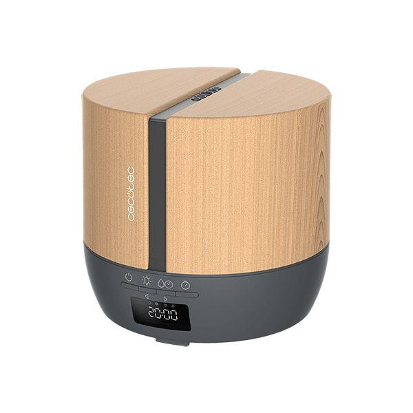 Un difusor de aromaterapia marrón claro y gris oscuro con una pantalla digital.