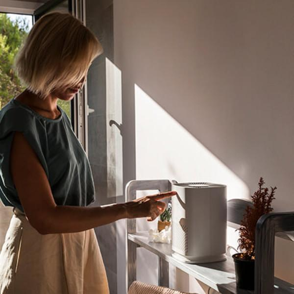 Una donna che indica un purificatore d'aria bianco con una mensola e una pianta. La luce naturale proviene da una finestra.