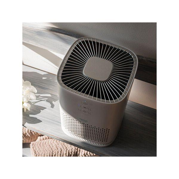 Purificatore d'aria su una superficie di legno, con luce solare e fiori sullo sfondo.