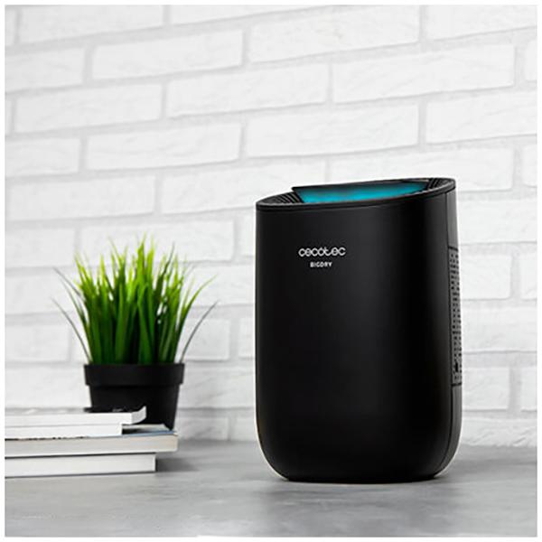 Czarny oczyszczacz powietrza z rośliną i książkami na stole przed białą ceglaną ścianą.