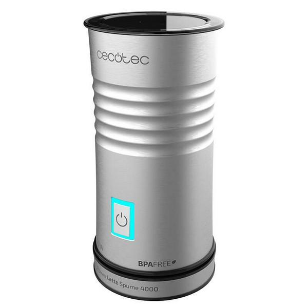 Srebrno-biały spieniacz do mleka. Niebieskie światło na przycisku, bez BPA. Marka Cecotec.