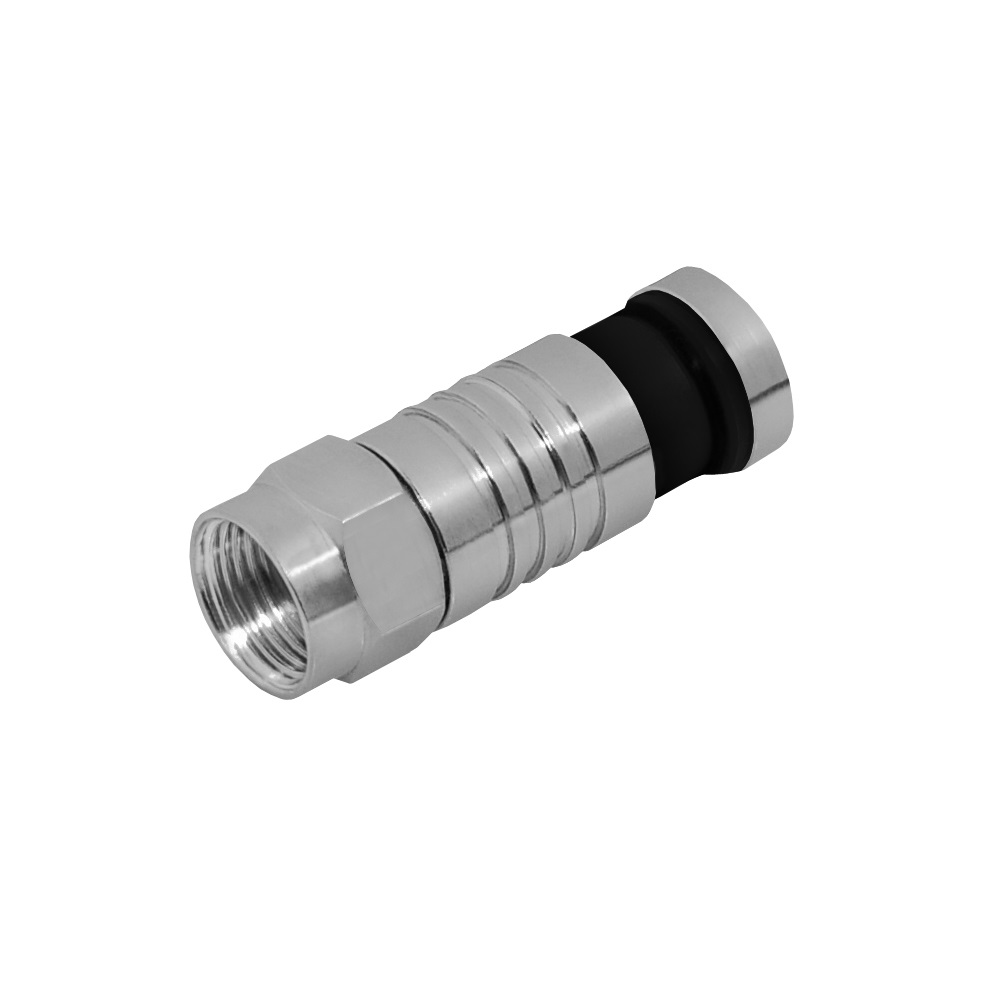 Ein silberner Stecker. Es ist ein Koaxialkabel-Stecker.