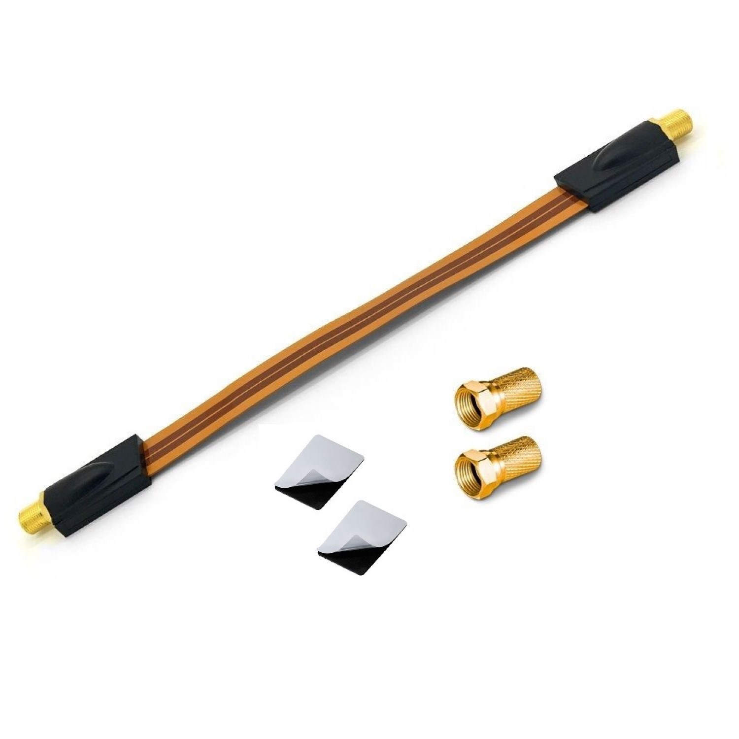 Flachkabel mit Anschlüssen und zwei schwarzen Quadraten. Das Kabel ist braun und hat goldfarbene Anschlüsse.