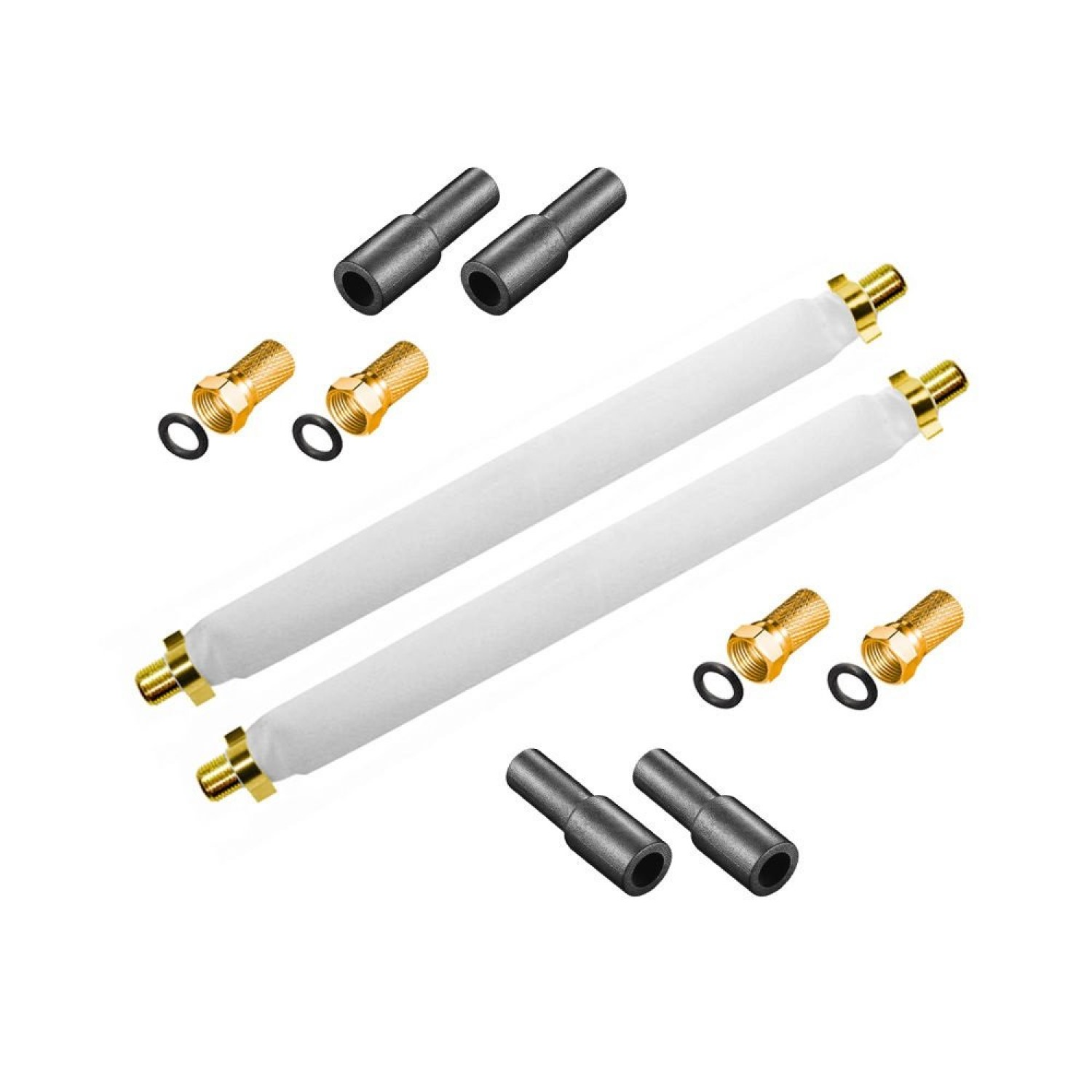 Zwei weiße zylindrische Filter mit goldenen Anschlüssen, schwarzen Anschlüssen und schwarzen Ringen auf Weiß.