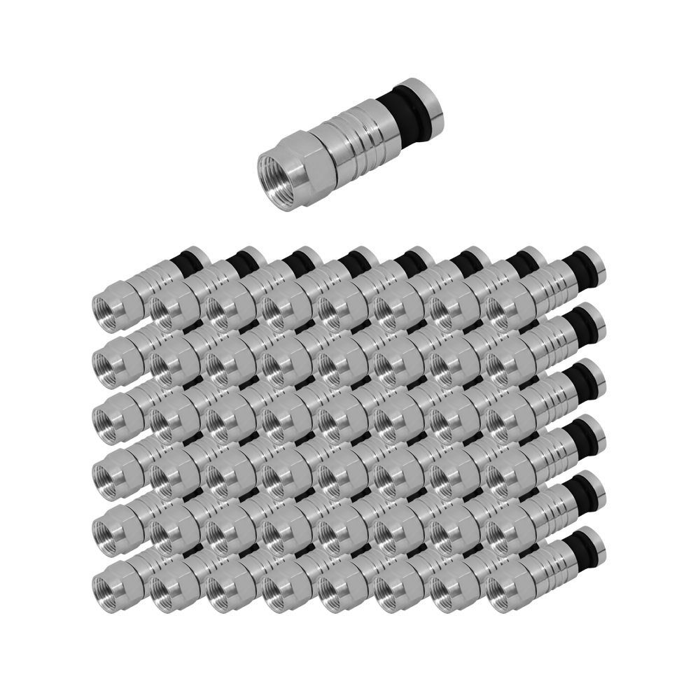 Das Bild zeigt viele silberne Koaxialstecker. Einer befindet sich über den anderen.