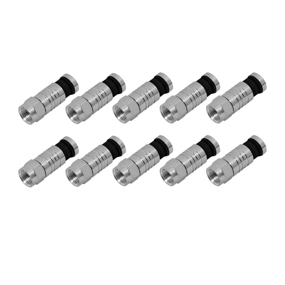 Neun silberne Koaxialkabelstecker mit schwarzen Gummiringen.