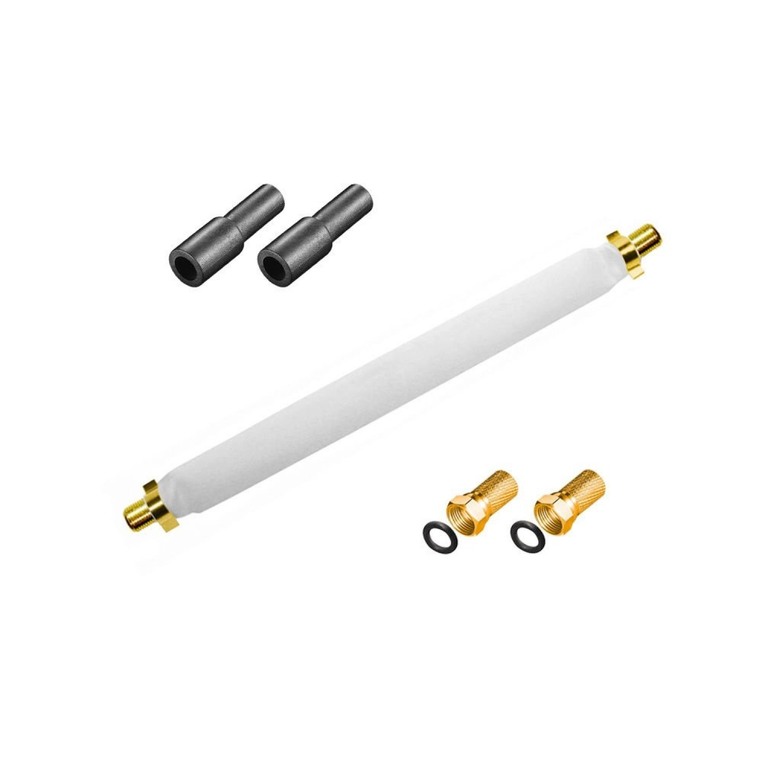 Weißer Filter mit Goldanschlüssen und zwei schwarzen Anschlüssen. Zwei kleine schwarze und zwei goldene Anschlüsse.