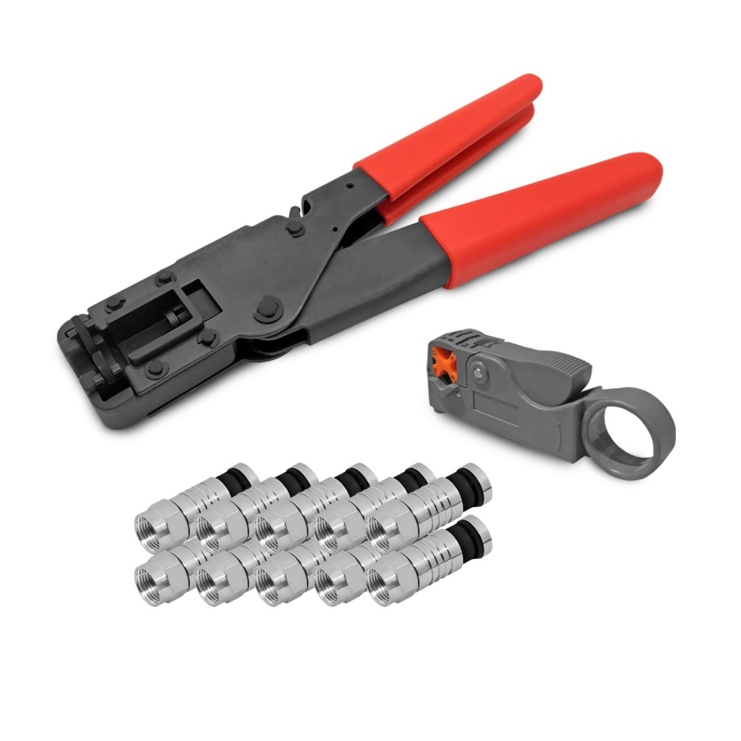 Crimpzange mit roten Griffen, ein Kabelabisolierer und 10 silberne Stecker.