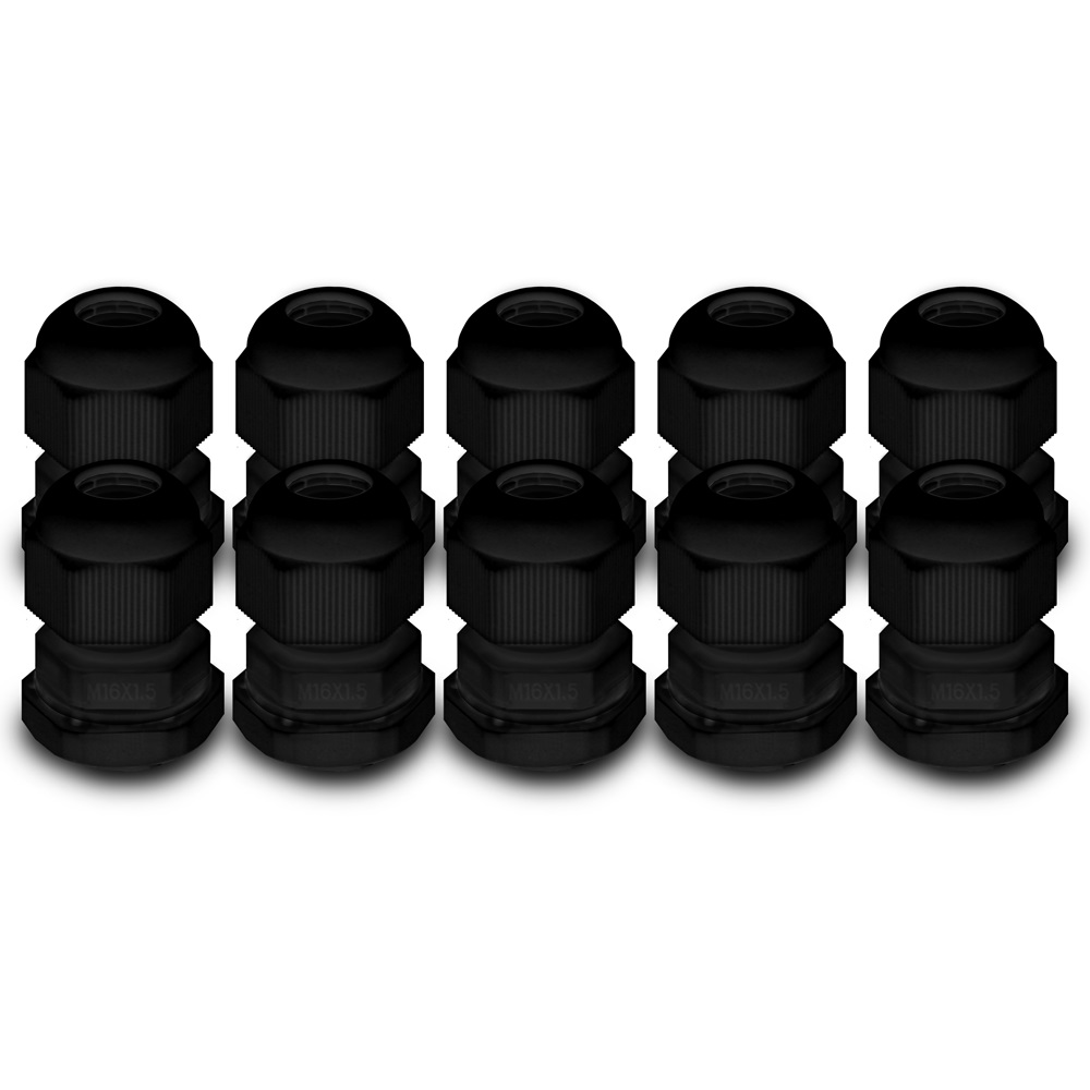 Zehn schwarze Kabelverschraubungen, M16x1.5, aufgereiht. Sie sind zylindrisch mit einer oberen Kappe und einem Gewindesockel.