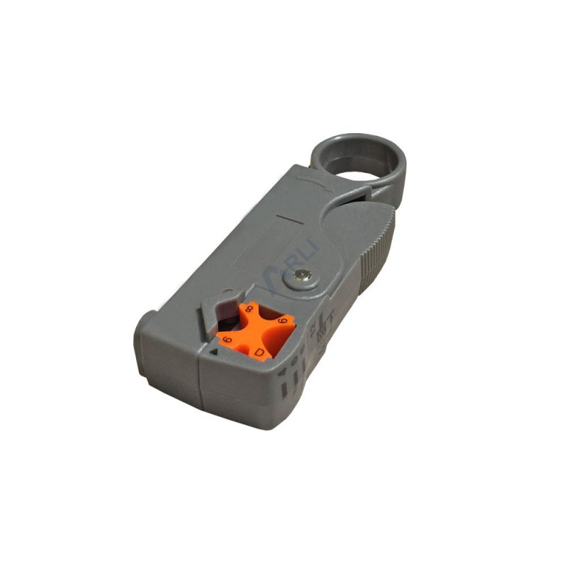 Graues Kabelabisolierwerkzeug. Orangefarbene Markierungen. Weißer Hintergrund.