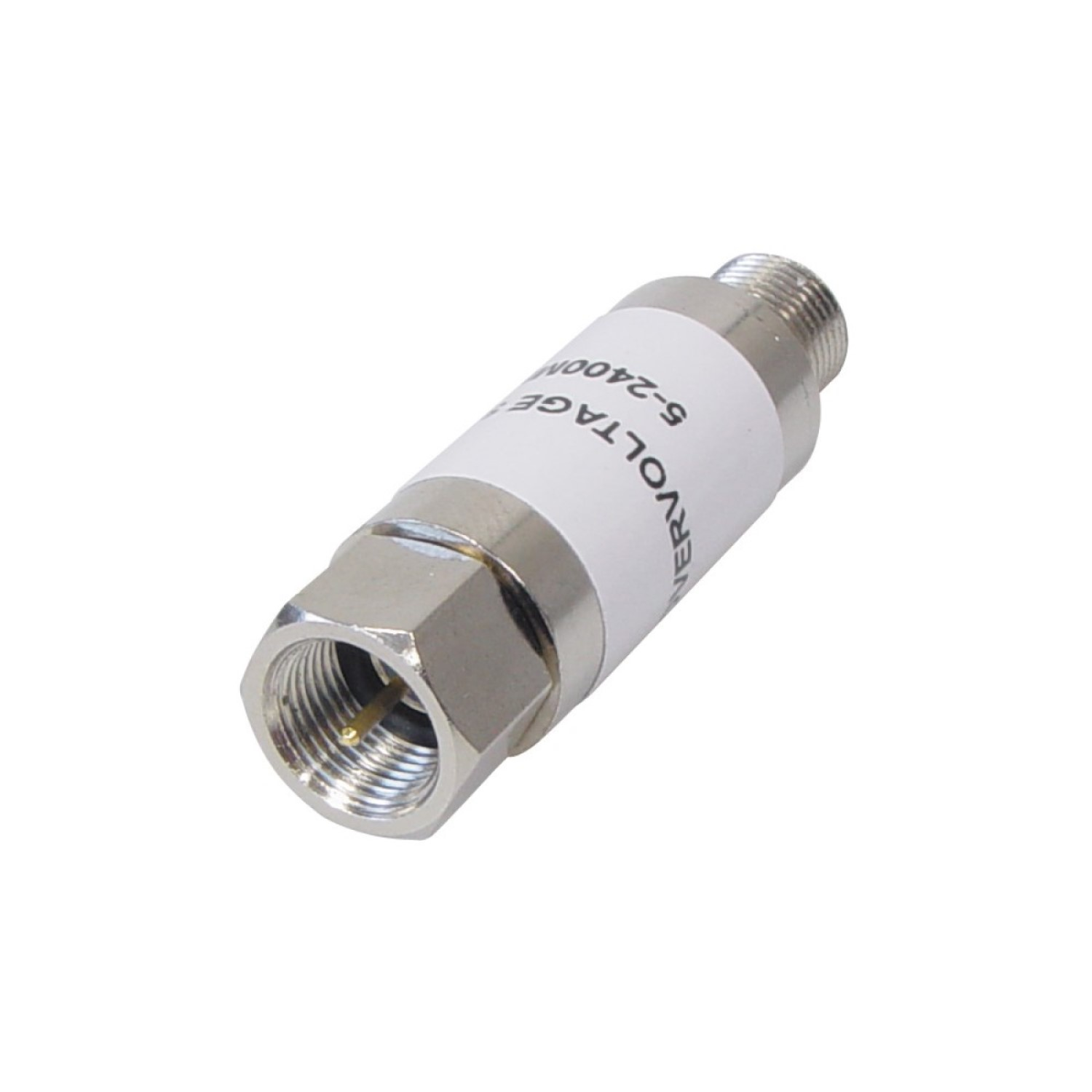 Silberner F-Stecker, weißes Etikett mit Text, Schrägansicht, auf weißem Hintergrund.