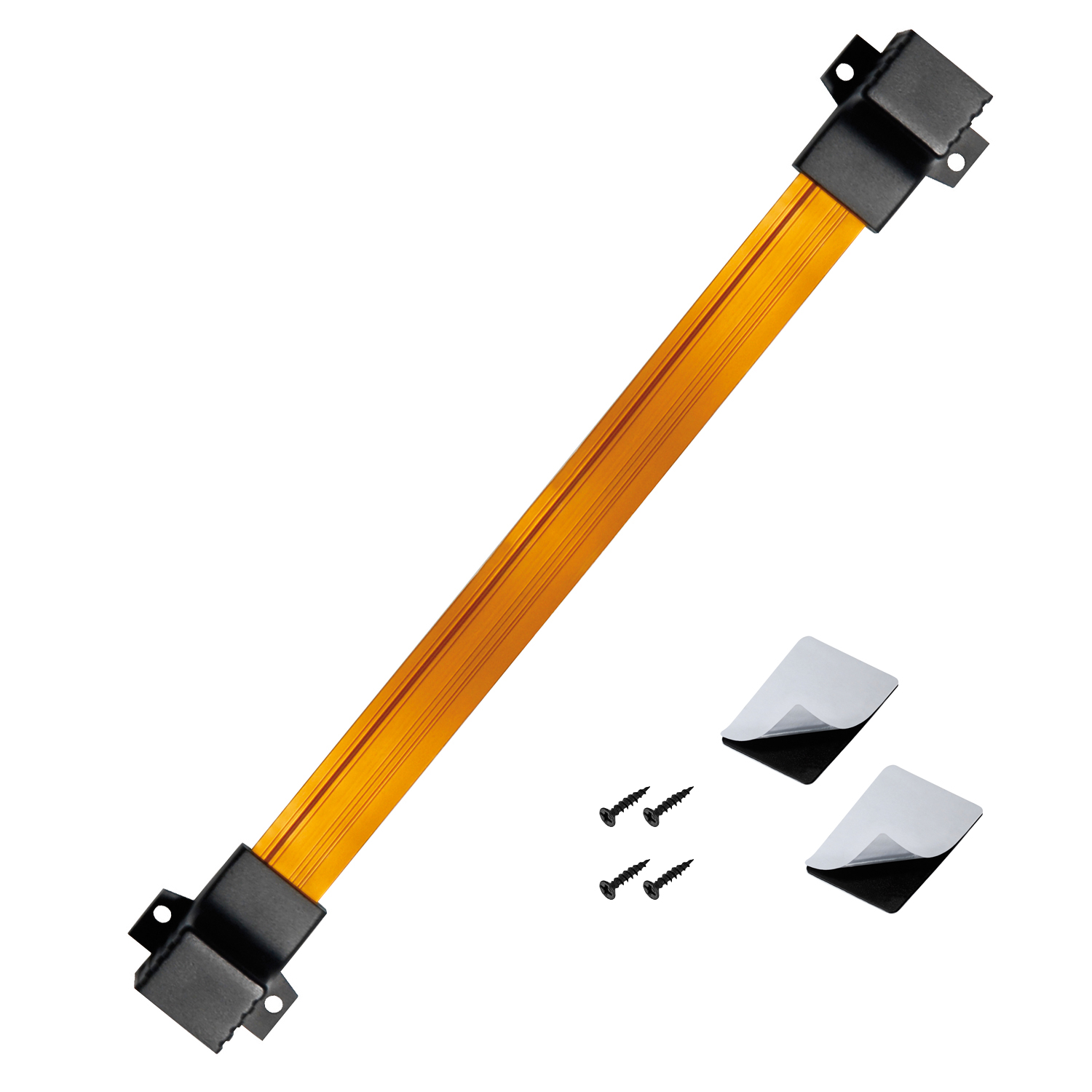 Ein goldfarbener Balken mit schwarzen Halterungen und Schrauben, mit zwei Klebepads, vor weißem Hintergrund.