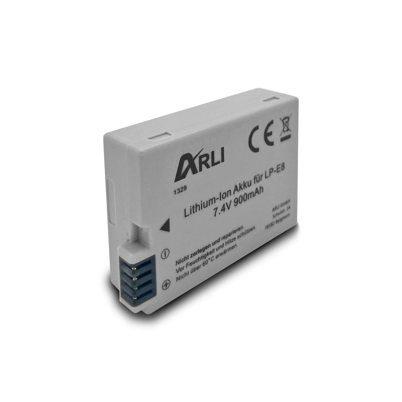 Ein weißer Kameraakku mit der Aufschrift 'ARLI' und 'Lithium-ion Akku' auf weißem Hintergrund.
