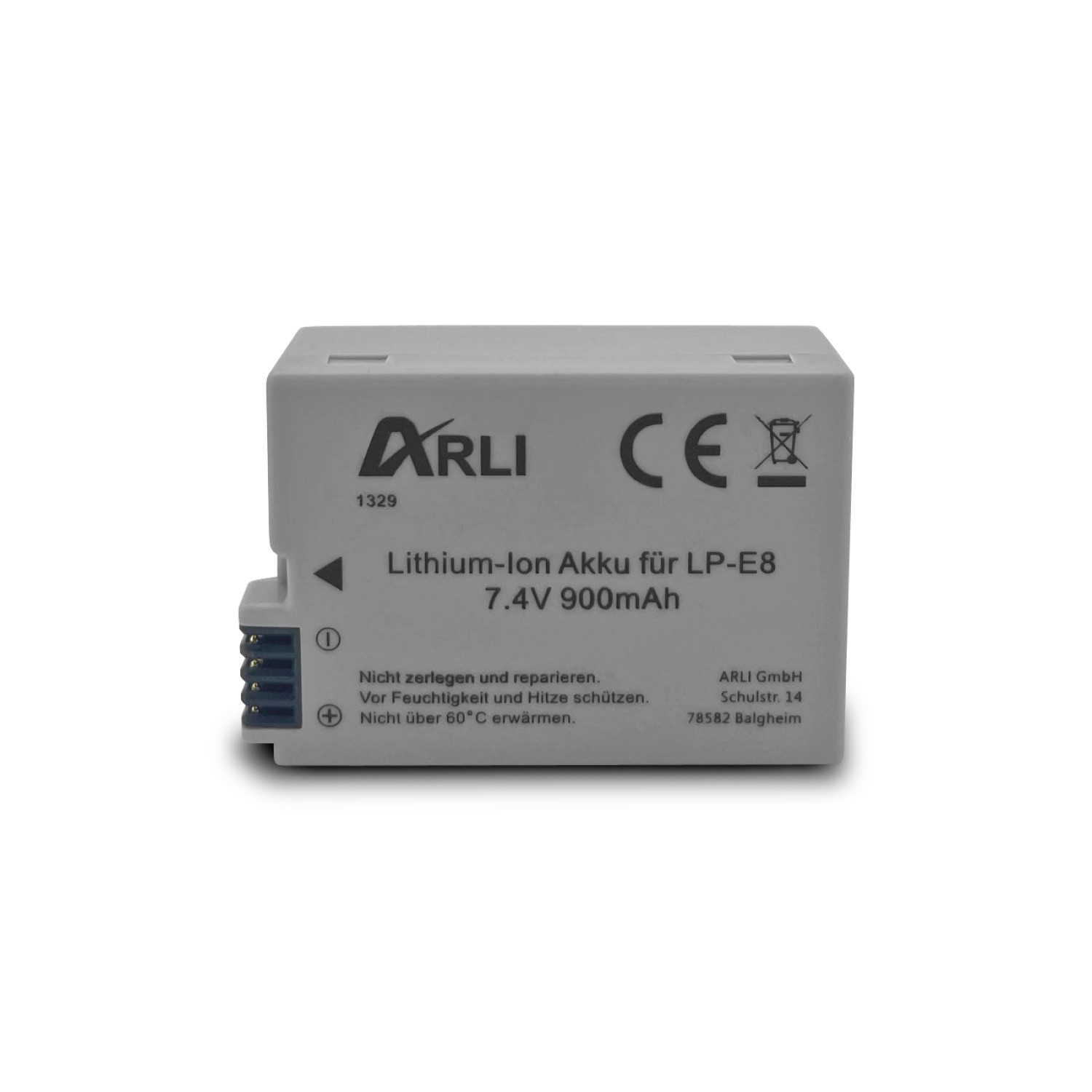 Graue Kamera-Batterie mit Text und Logo. Isoliert auf weißem Hintergrund.
