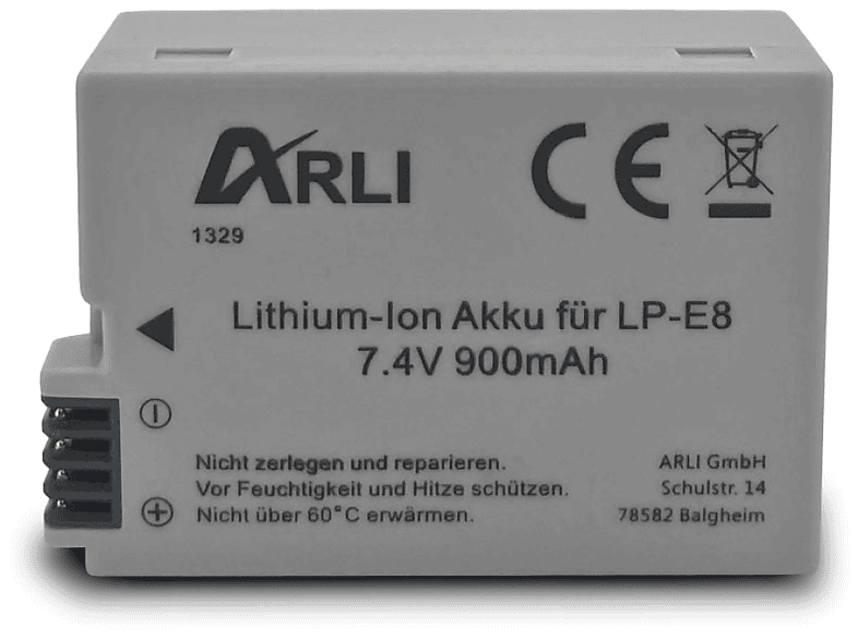 ARLI Akku für Canon LP-E8 Li-Ion Kamera Akku, 7.4 Volt, 900 mAh 1 Stück