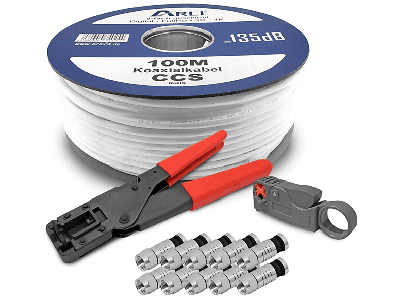 10x Zange + Sat Kabel ARLI 100m F-Kompressionsstecker + Antennen Koaxialkabel