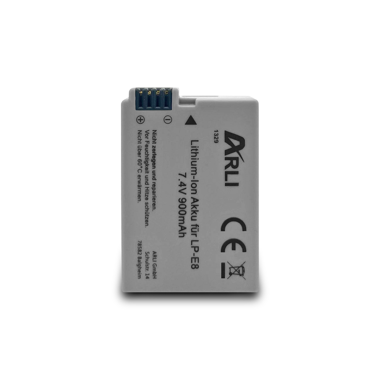 Graue Batterie mit der Aufschrift 'Lithium-ion Akku 7,4V 900mAh' und Sicherheitshinweisen.
