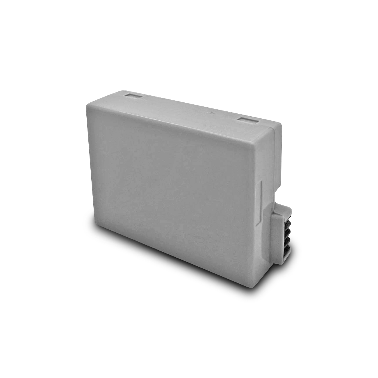 Graue rechteckige Batterie, isoliert auf weißem Hintergrund. Es ist eine einfache, kastenförmige Form.