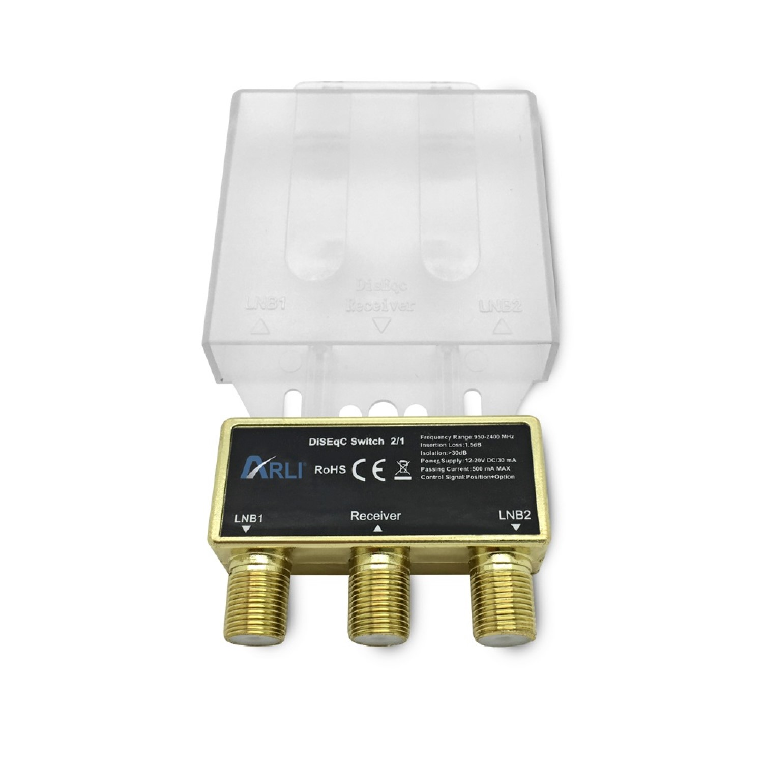Goldenes und klares elektronisches Gerät mit drei Anschlüssen, beschriftet mit LNB1, Receiver und LNB2.