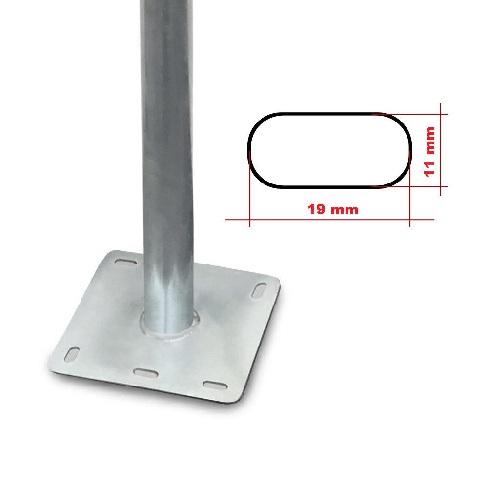 Ein Metallsockel mit silberner Stange und einer Diagramm mit Abmessungen in mm.