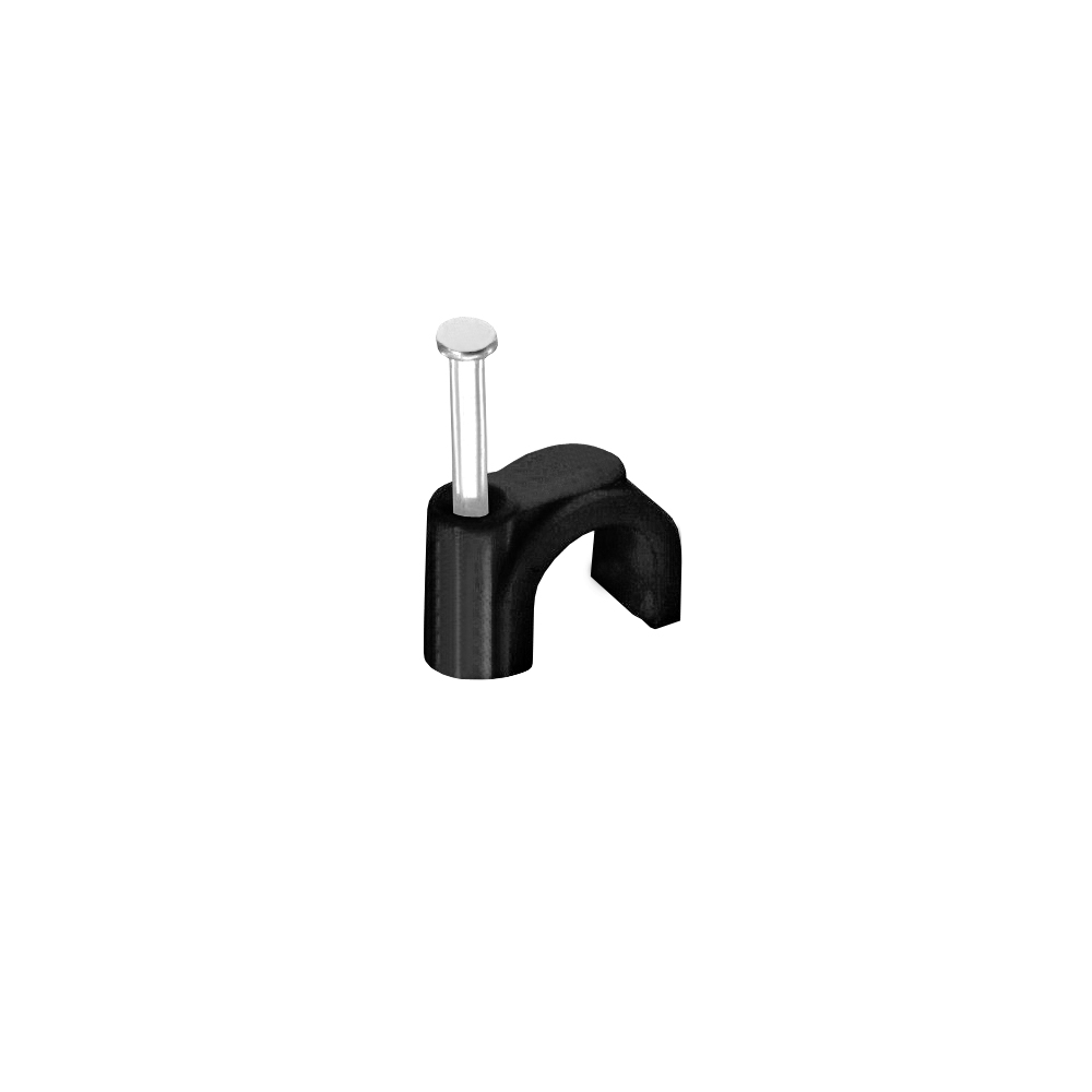 Ein schwarzer Kabelclip mit Nagel, isoliert auf weißem Hintergrund, einfaches Design.