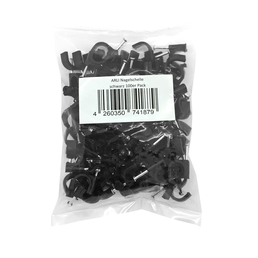 Beutel mit schwarzen Kabelclips und weißem Etikett.