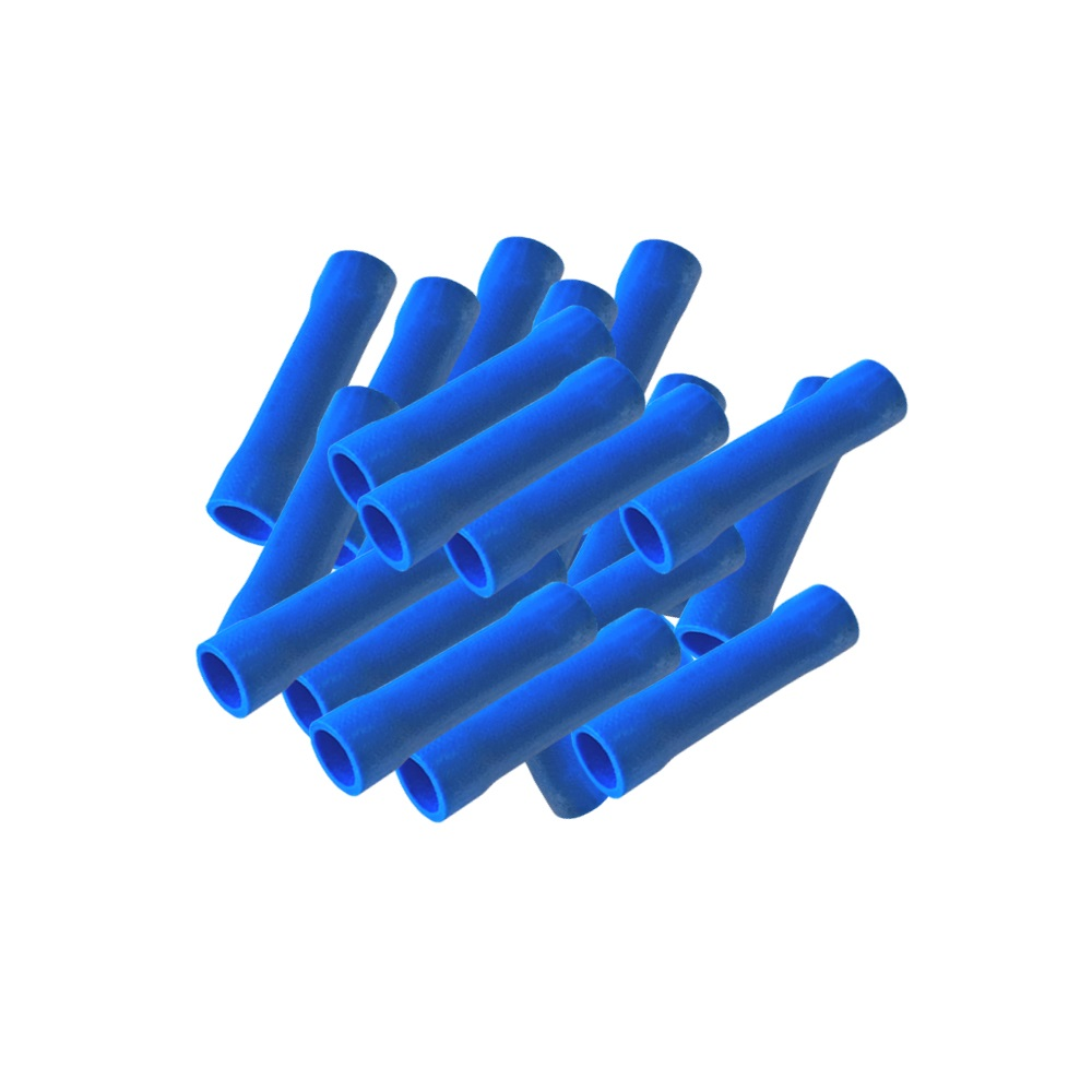 Eine Ansammlung von blauen zylindrischen Steckverbindern, gleichmäßig angeordnet und leicht angewinkelt.