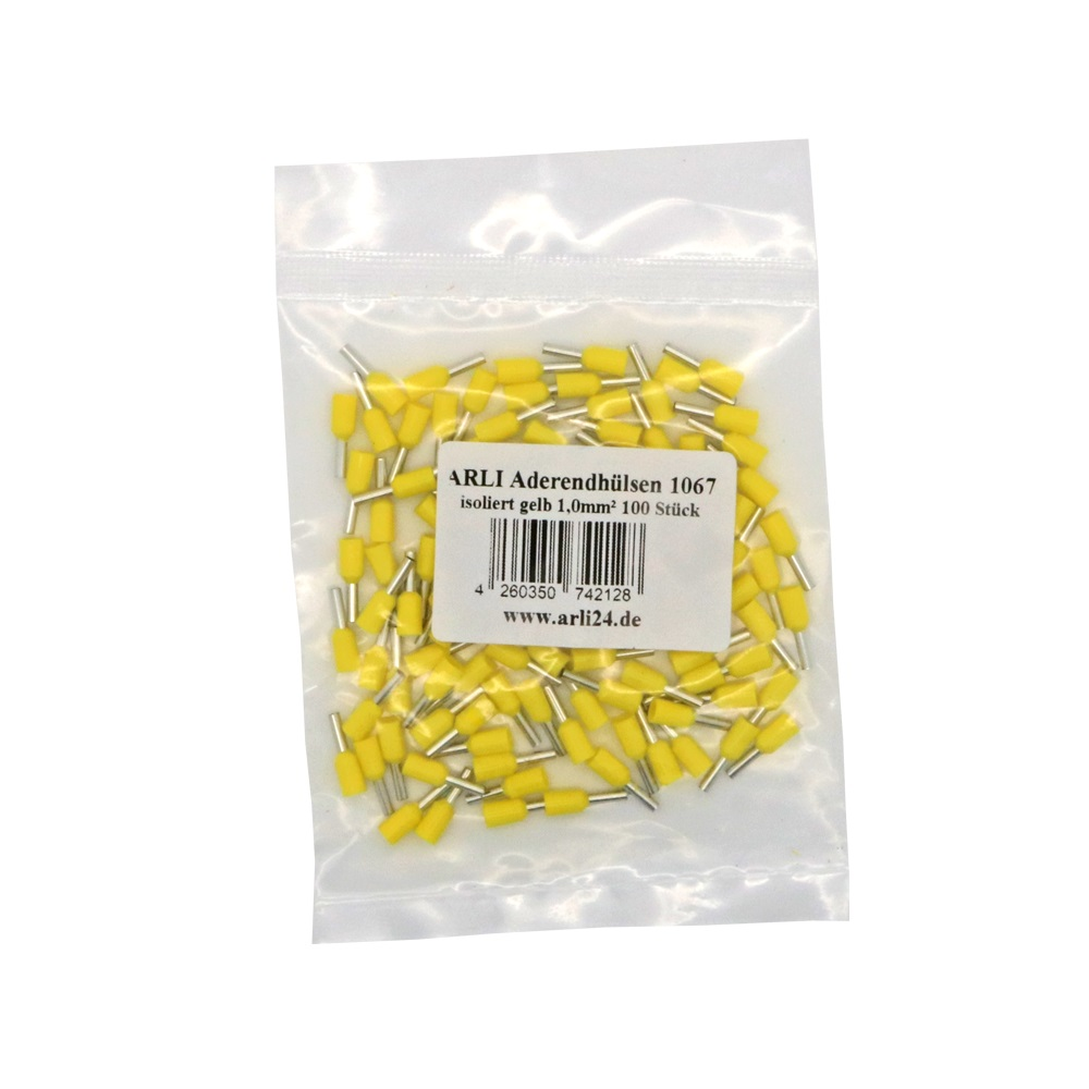 Kleine Plastiktüte gefüllt mit gelben isolierten Kabelendhülsen, mit Produktinformationen auf einem Etikett.