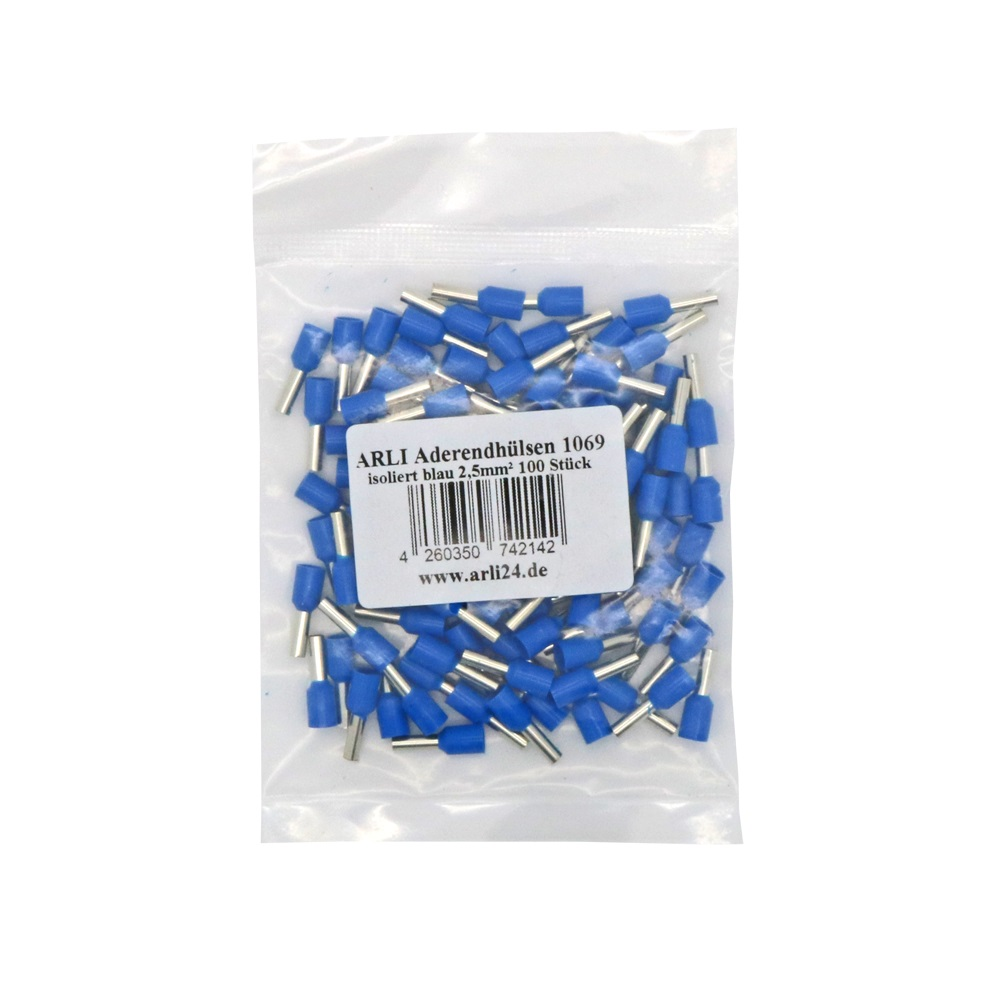 Kleiner Plastikbeutel mit zahlreichen blauen und silbernen Elektrokabelverbindern darin.