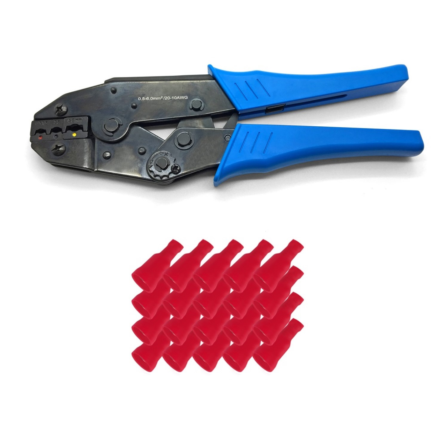 Crimpzange mit blauen Griffen und einem Satz roter Kabelverbinder auf weißem Hintergrund.