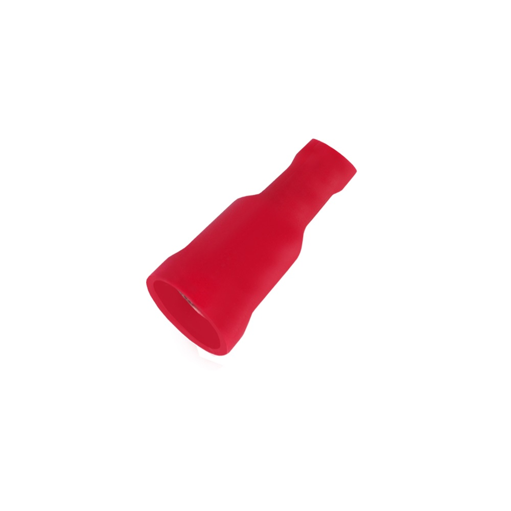 Ein roter, isolierter Kabelschuh auf weißem Hintergrund. Der Verbinder ist nach rechts abgewinkelt.