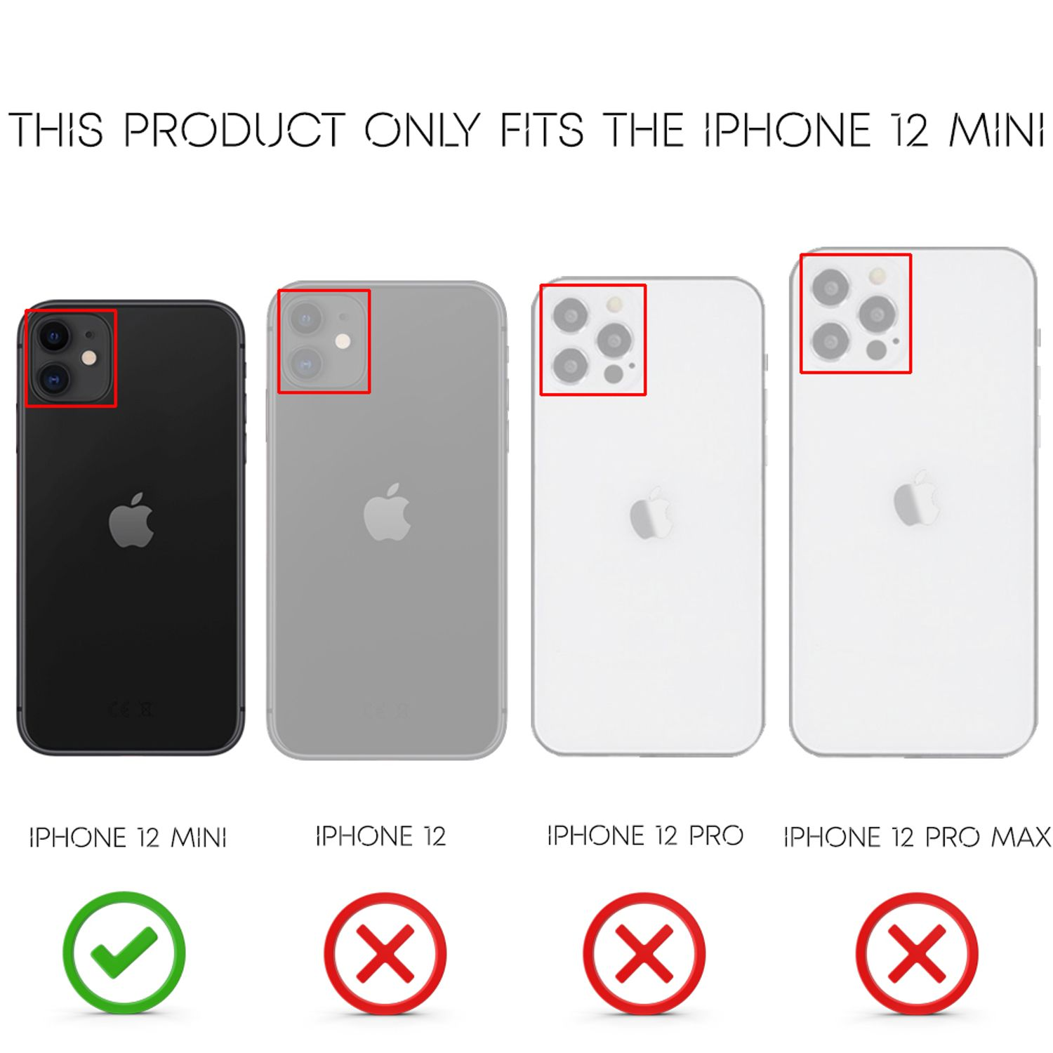 Vier iPhones, nur das iPhone 12 mini ist korrekt, andere haben rote X-Markierungen.
