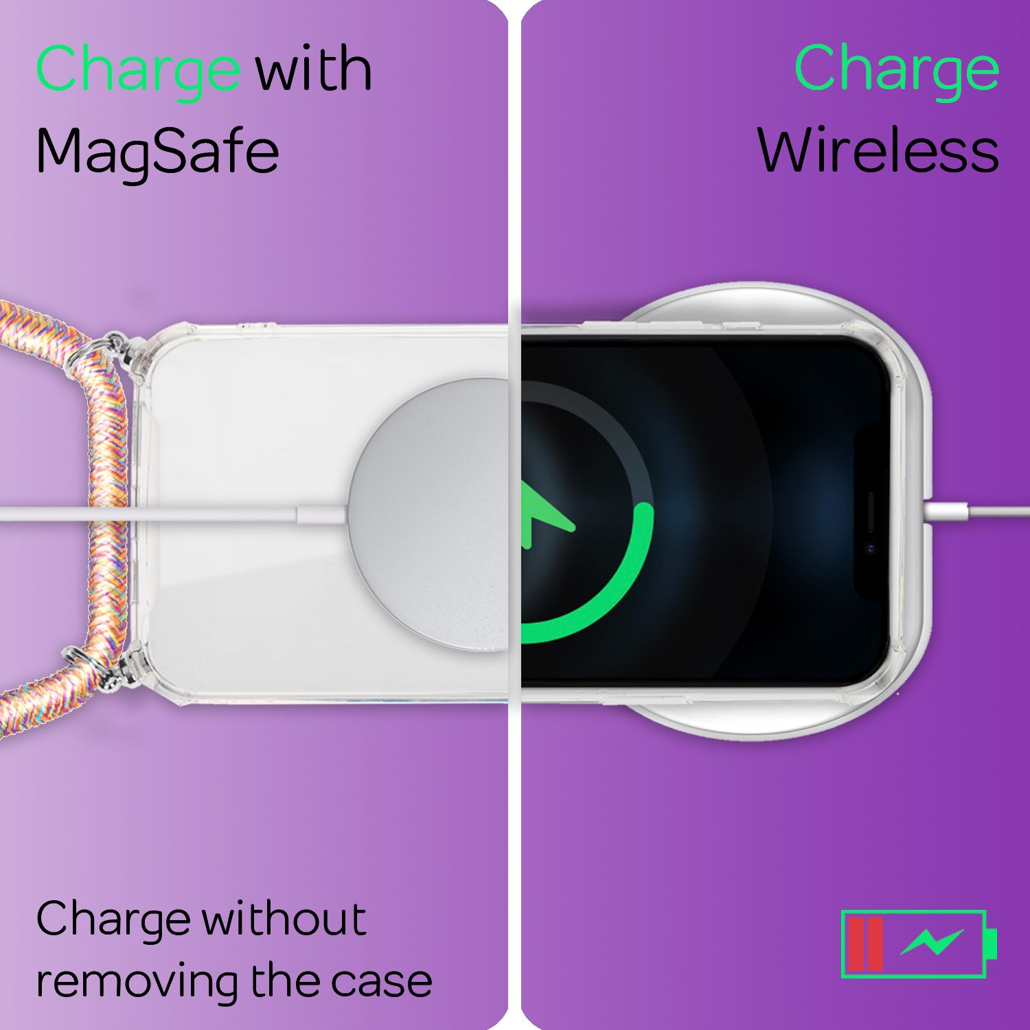 Un teléfono se carga de forma inalámbrica y con MagSafe. No es necesario quitar la funda.